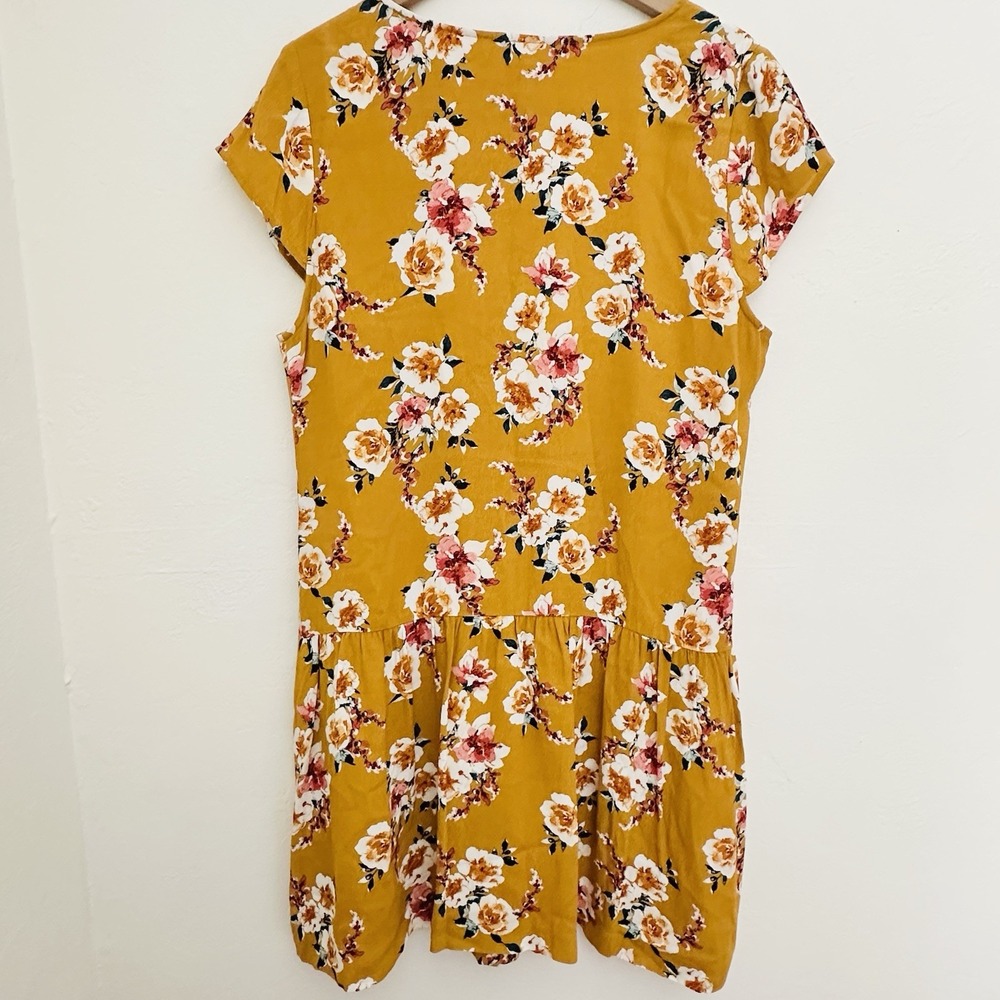 Garnet Hill Midi Dress Womens Sz 14 Mustard Yellow Floral Pockets Short Sleeve - Picture 4 of 13